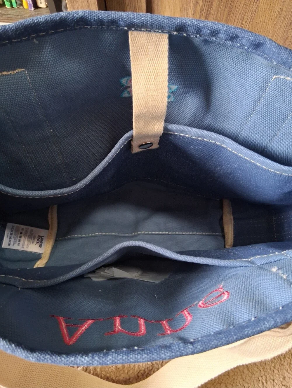 Lands' End Medium 5 Pocket Open Top Tote Monogram Anne Flower Denim Blue Canvas